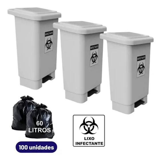 Imagem de Lixeira Hospital Branca Com Pedal 50l Com Saco De Lixo Kit 3