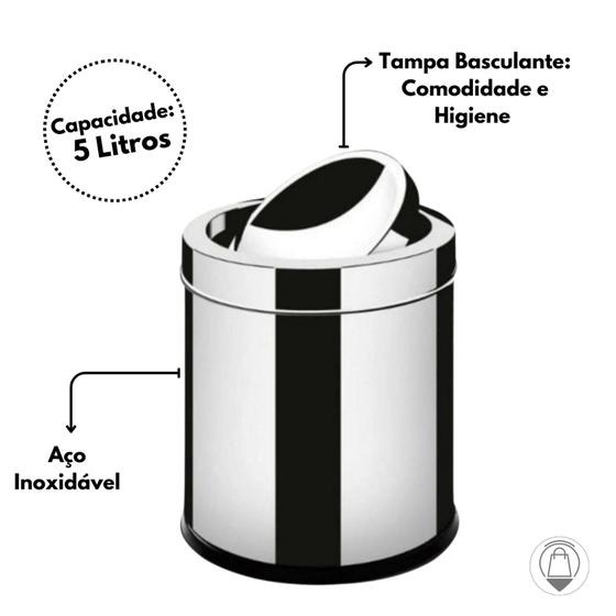 Imagem de Lixeira Inox Banheiro Cesto Tampa Basculante 5 L Escritório