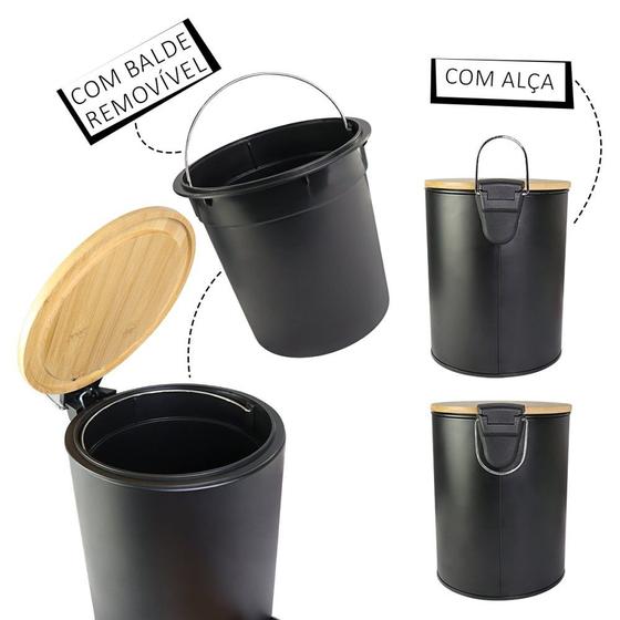 Imagem de Lixeira Inox Preta com Tampa de Bambu 5L  Compacta, Com Pedal e Balde Removível, Ideal para Banheiros e Escritórios