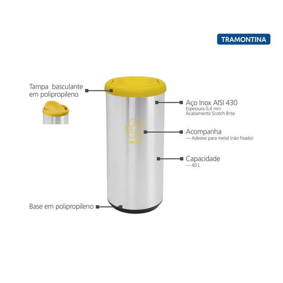 Imagem de Lixeira Inox Tramontina Cápsula Aro Base Polipropileno 20 L