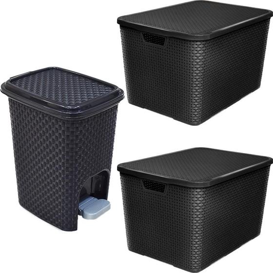 Imagem de Lixeira Rattan Luxo Pedal 7L +2 Caixa Organizadora 40L Preta