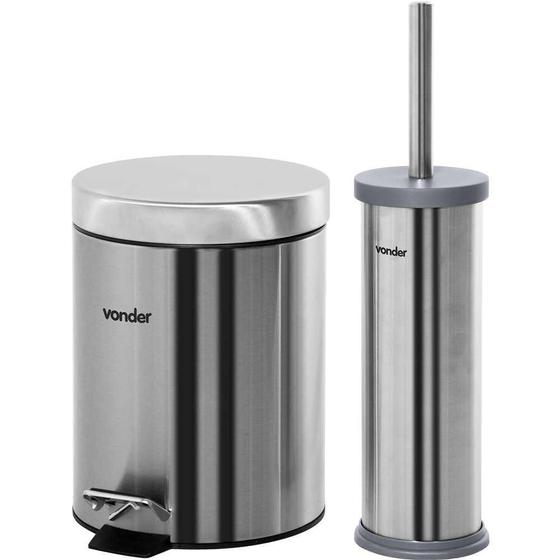 Imagem de Lixeira Redonda 5 Litros Inox Cinza Com Escova Sanitária Vonder