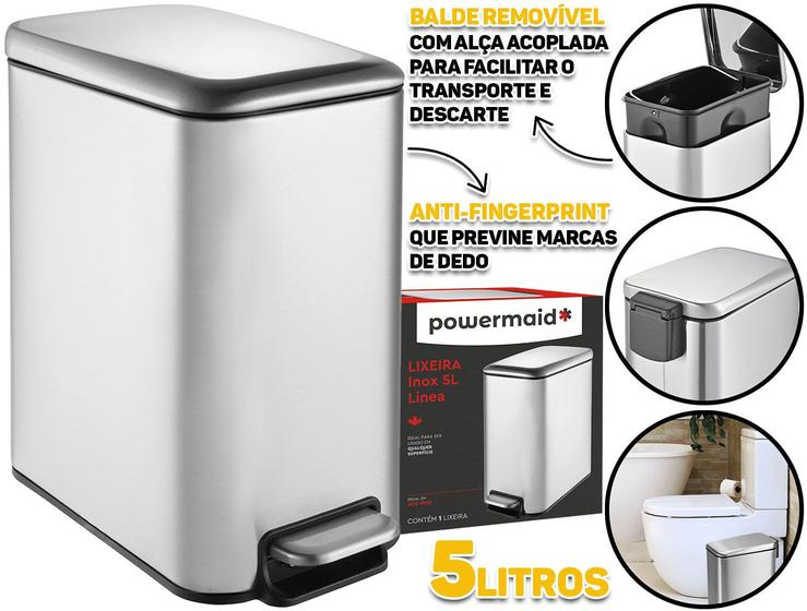 Lixeira Retangular Com Pedal E Cesto Interno Slim Aço Inox 5 Litros Powermaid Menor preço em Lixeira Retangular Com Pedal E Cesto Interno Slim Aço Inox 5 Litros Powermaid