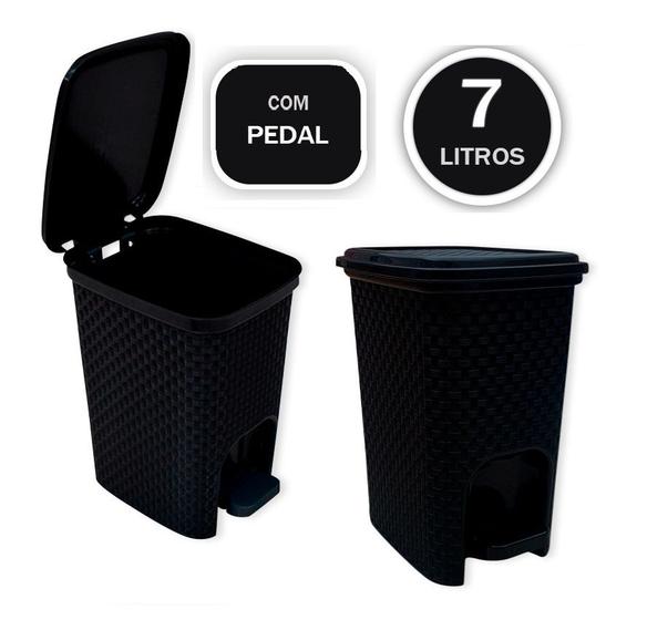 Imagem de Lixeira Trama Rattan com Pedal Preta Lixo com 7 litros