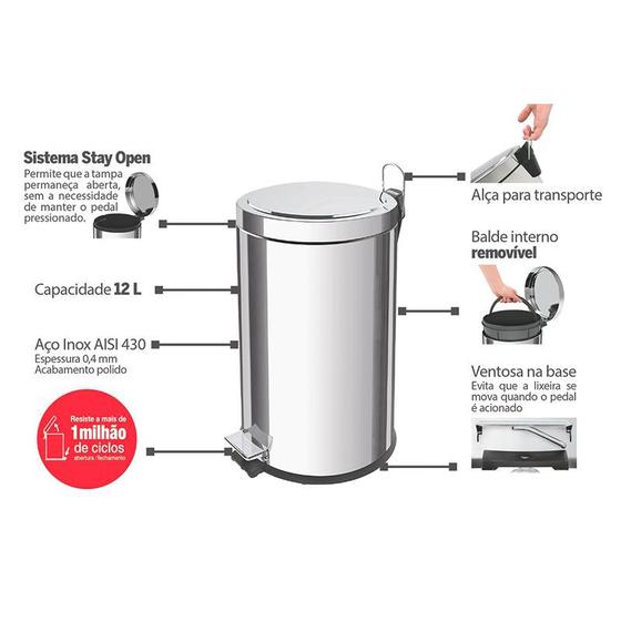 Lixeira Tramontina Brasil com Pedal 12L Redonda Inox Menor preço em Lixeira Tramontina Brasil com Pedal 12L Redonda Inox