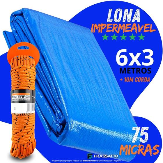 Imagem de Lona Azul Impermeável Carreteiro Piscina Toldos Caminhão 75 Micras 6x3 Metros + Corda 10 Metros