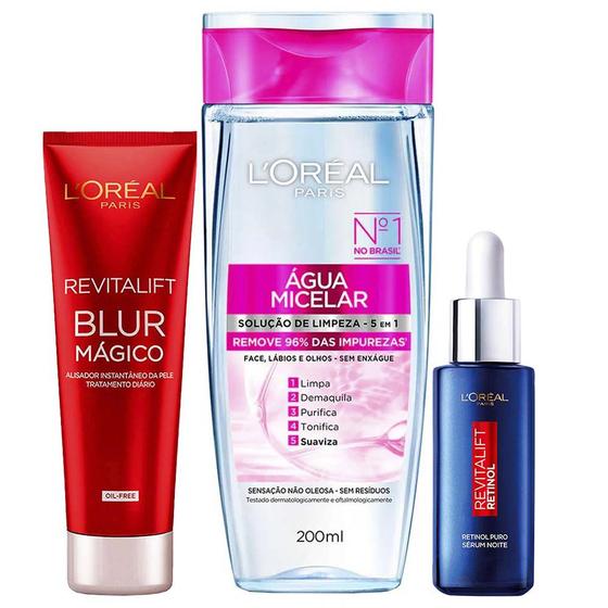 Imagem de LOréal Paris Kit  Água Micelar 5 em 1 200ml + Sérum Facial Antirrugas Noturno Retinol 30ml + Primer Blur Mágico 27g