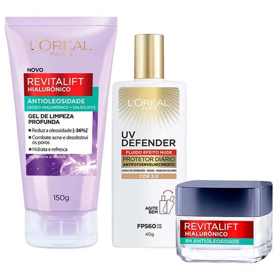 Imagem de LOréal Paris Kit - Gel Oil Control Hialurônico 150g + Gel Creme Hidratante Oil Control 50ml + Protetor Solar Fluido Facial UV Defender FPS60 Média
