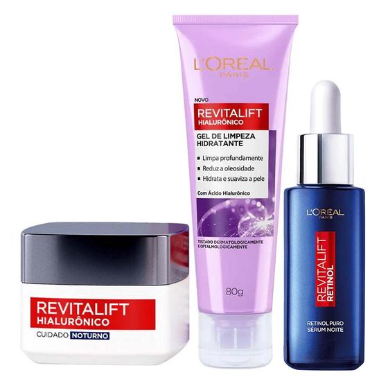 Imagem de LOréal Paris Revitalift Kit  Gel de Limpeza Anti-Idade 80g + Sérum Facial Antirrugas Noturno Retinol 30ml + Creme Anti-Idade Noturno 49g