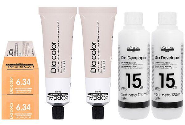 Imagem de Loreal Tonalizante Kit 2 Dia Color 6.34 Louro Escuro Dourado Acobreado 60g + 2 Rev. 15 vol. 120 ml