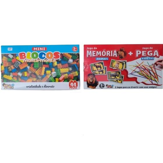 Imagem de Lot C/02 Jogos ( Mini Blocos Caixa C/44 Peças + Jogo da Memória Animais + Pega Vareta C/21 ).