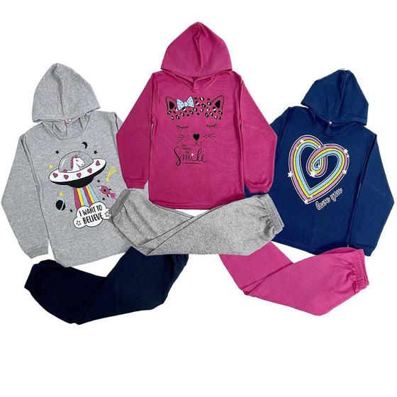 Imagem de Lote 3 Conjunto de Inverno Com Capuz Moletom Infantil Menina Atacado Tamanho 1/2/3/4/6/8 Anos