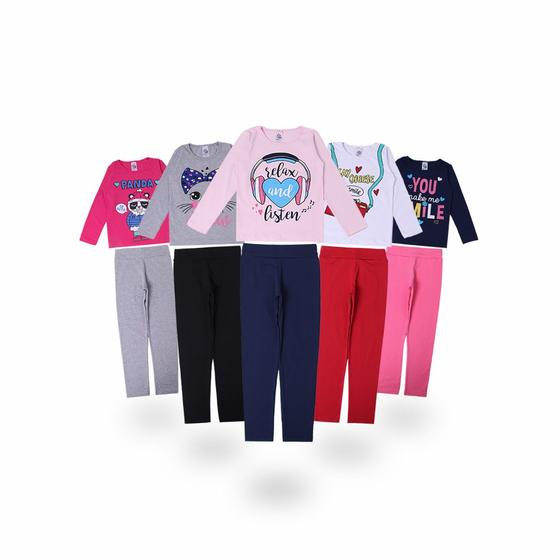 Imagem de Lote 5 Conjuntos Infantil Feminino Roupas De Inverno Menina Meia Estação Blusas e Legging Lisas