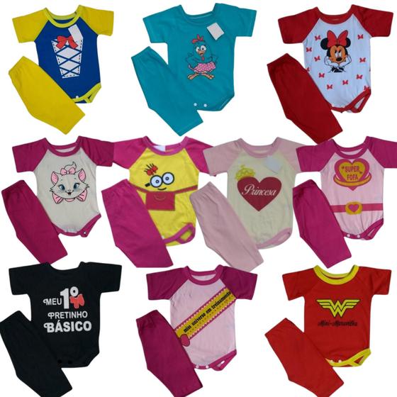Imagem de Lote com 10 Roupinhas de bebê menina conjuntos body e calça personagens sainha temático mesversário