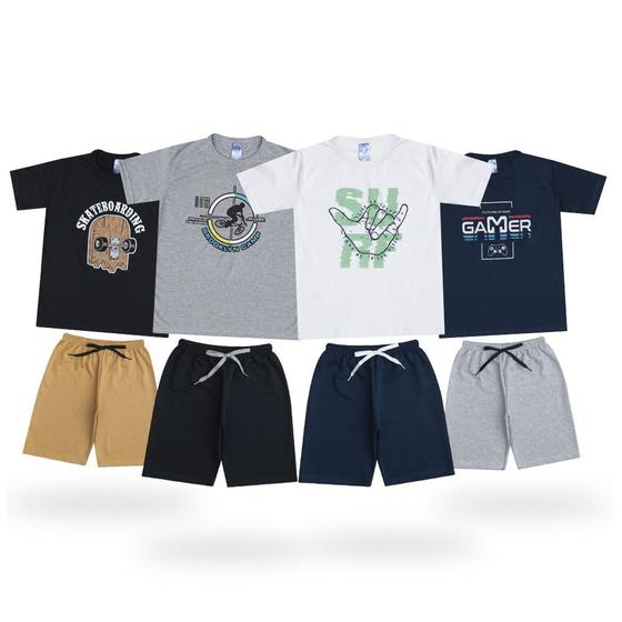 Imagem de Lote Kit 8 Peças Roupa Juvenil para Criança Menino com 4 Conjuntos Manga curta