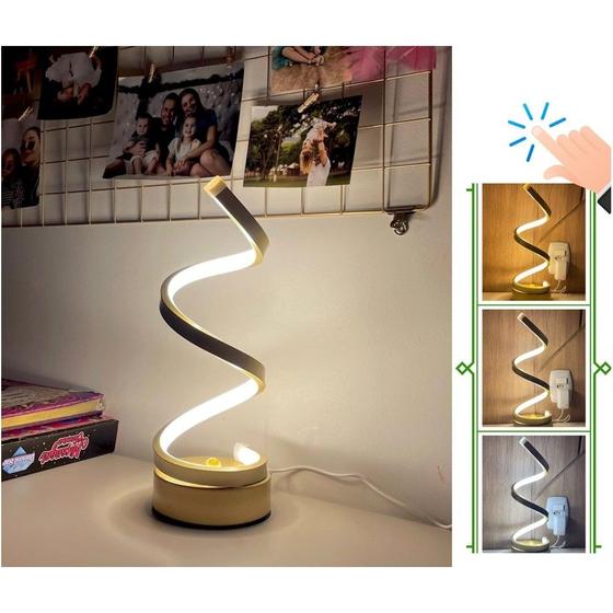 Imagem de Luminária Abajur de Mesa 12w Espiral Minimalista Touch Dimerizável Dourado Luz 3/1