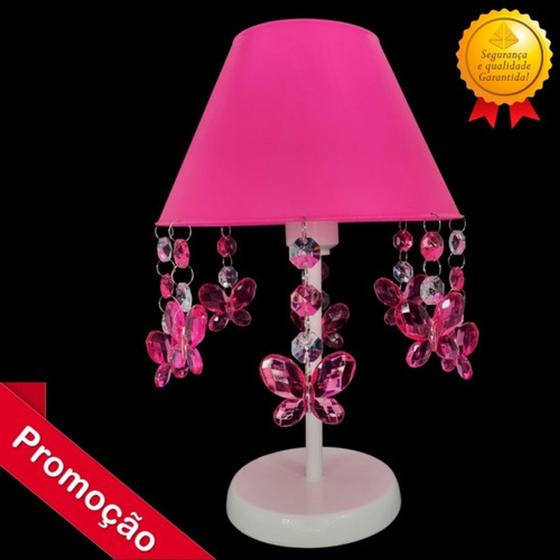 Imagem de Luminária Abajur Infantil Para Mesa de Cabeceira Decoração Quarto Bebê Menina - ABA Borboletas Rosa