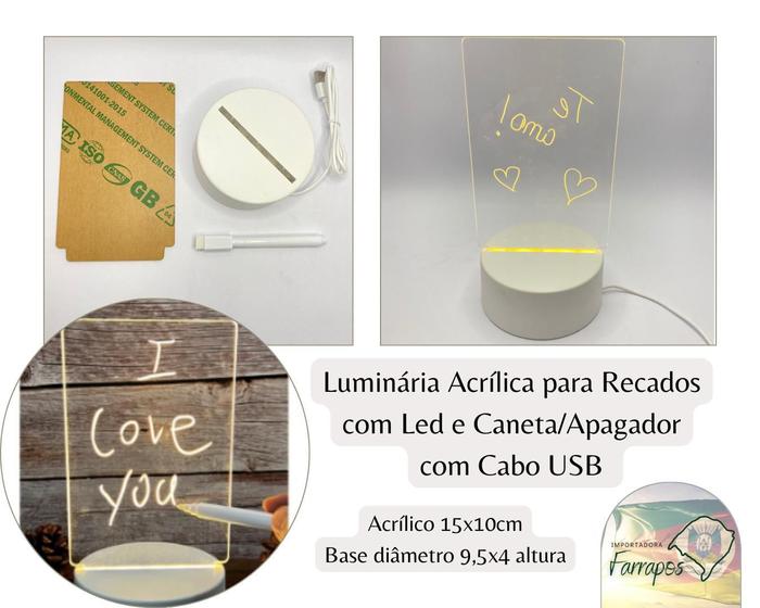 Imagem de Luminária Acrílica para Recados com Led e Caneta Lousa de Escrever