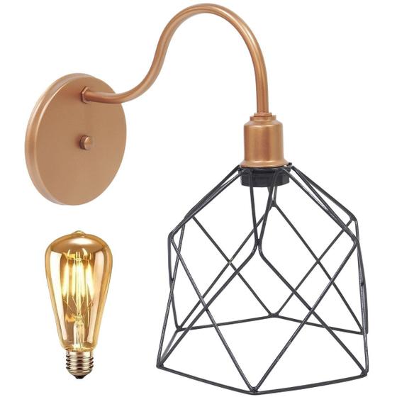 Imagem de Luminária Arandela Parede Aramada Cálice Industrial Retro + Lâmpada Led Cobre Rose Gold/Preto