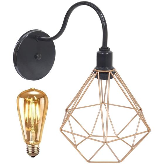 Imagem de Luminária Arandela Parede Aramada Diamante Industrial Retro + Lâmpada Led Preto/Cobre Rose Gold