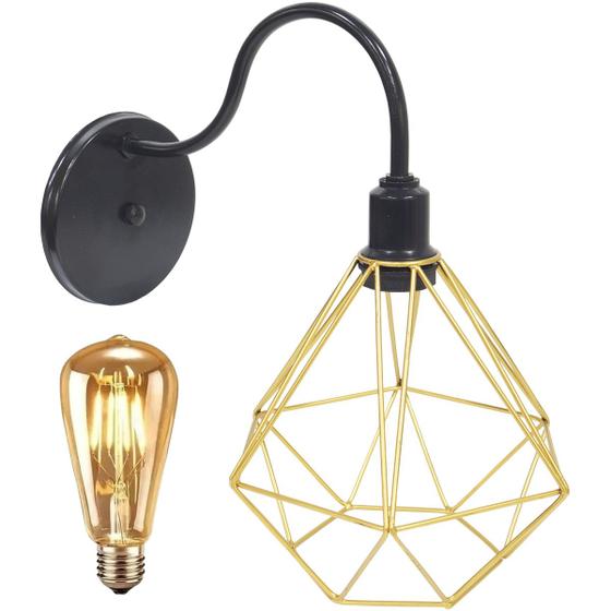 Imagem de Luminária Arandela Parede Aramada Diamante Industrial Retro + Lâmpada Led Vintage Preto/Dourado