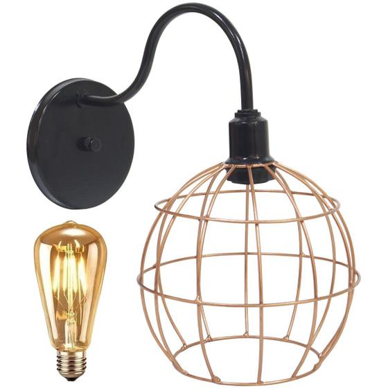 Imagem de Luminária Arandela Parede Aramada Globo Industrial Retro + Lâmpada Led Preto/Cobre Rose Gold