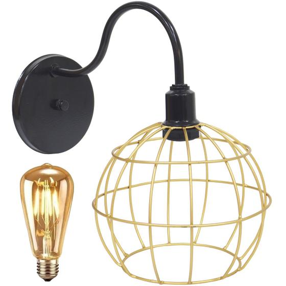 Imagem de Luminária Arandela Parede Aramada Globo Industrial Retro + Lâmpada Led Vintage Preto/Dourado