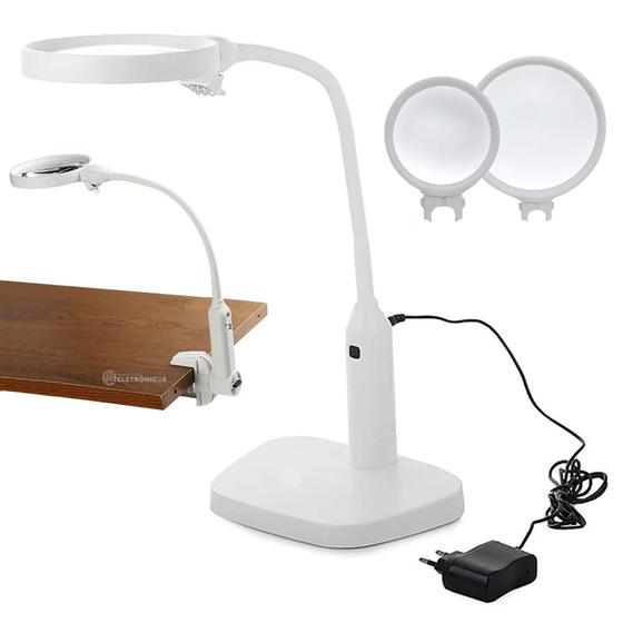 Imagem de Luminária Com Lupa Óptica 2 Lentes 2x e 5x Acrílica e 6 LEDs Com Base e Clip de Fixação  7763