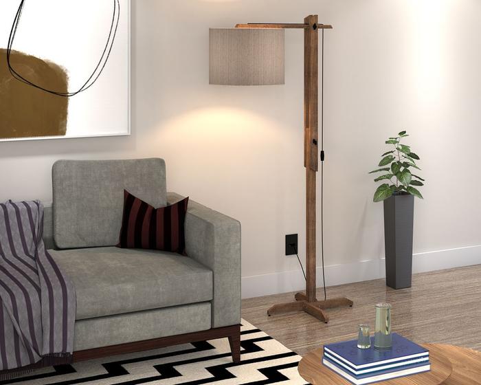 Luminaria de Chão Abajur Pés Madeira Retrô Luxo Cúpula Palha Casa e Moveis Luminária de Chão