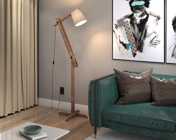 Luminaria de Chão Ajustavel para Sala Luxo Pés de Madeira Cúpula Palha LCN Moveis Luminária