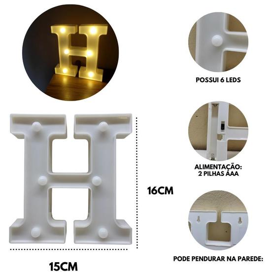 Luminária De Led Decorativa Branca a pilha Letra H 3D Para Festa e Quarto Luz amarela 16x15