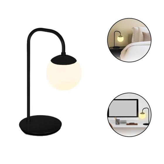 Luminária De Mesa Drop Preto Globo Vidro Leitoso Spotline Luminária