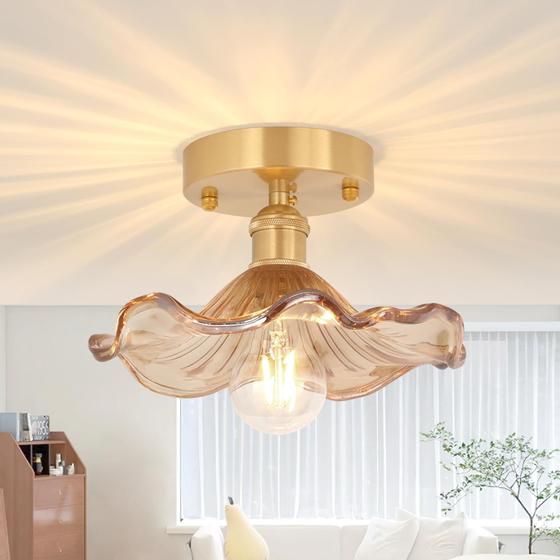 Imagem de Luminária de Teto Semi-Flush Mount Shenmoyl - Design Vintage Dourado com Vidro