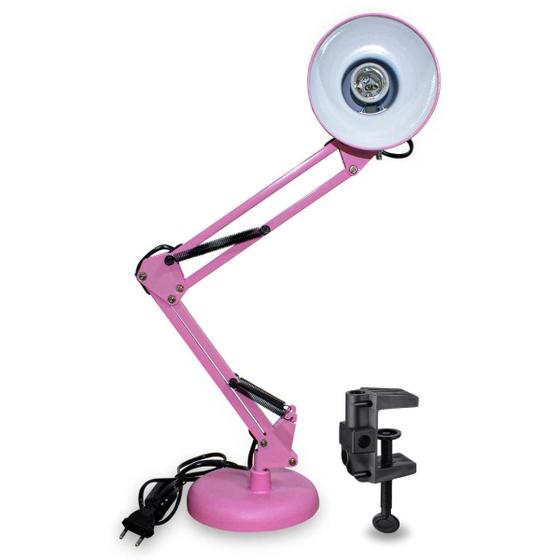 Imagem de Luminária E27 Abajur Articulável Com Base E Garra Mesa Rosa