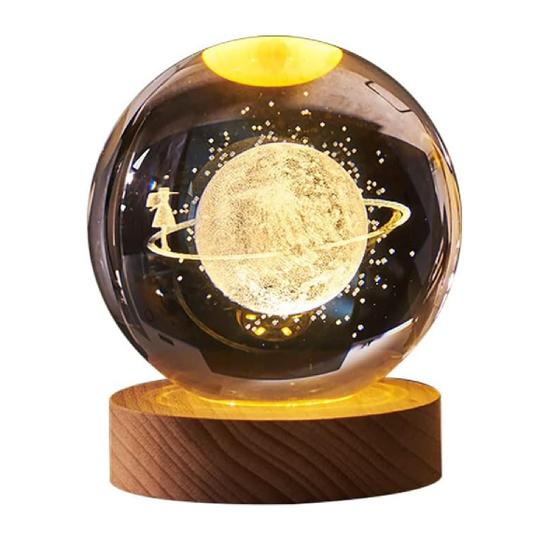 Imagem de Luminária Led Globo De Vidro 3D Com Cabo USB Base de Madeira