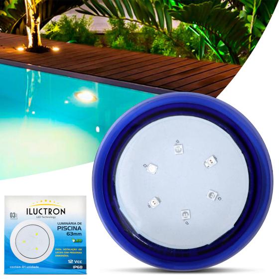 Luminária LED Piscina RGB 6 Leds 5W 12V 63mm Luz Vermelho Verde e Azul