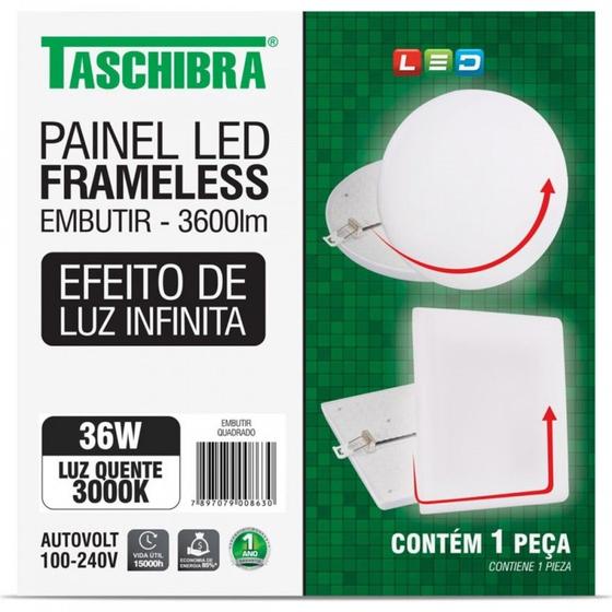 Imagem de Luminaria Led Plafon Taschibra Frameless Borda Infinita Embutir Quadrado 36W 3000K 22Cm