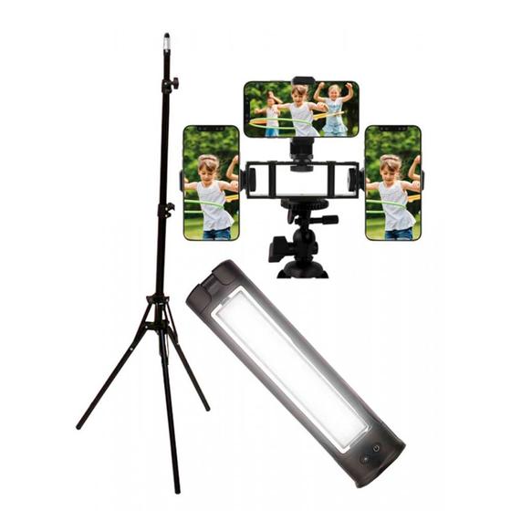 Luminária LED portátil + Adaptador p/ 3 Smartphones + Tripé p/ iluminação Ring Light WOODART
