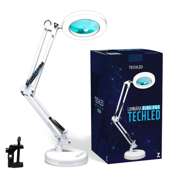 Luminaria Led Ring Light de Mesa Articulavel Abajur C/Garra Controle Intensidade Lupa Aumento 5x Branca - TECHLED