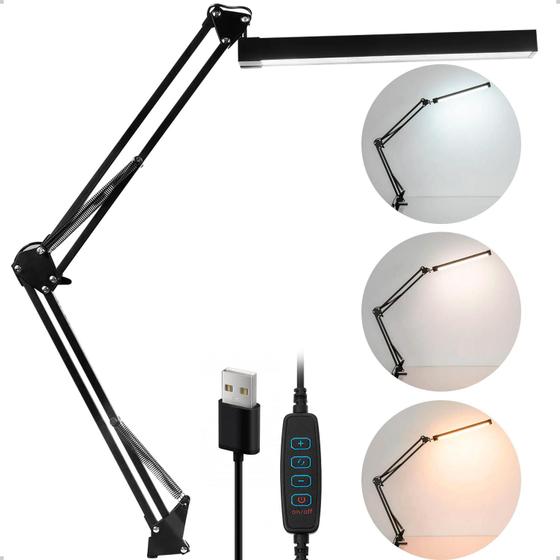 Imagem de Luminária Led Usb Articulada com Base e Garra 3 Modos 10 Níveis de Luz