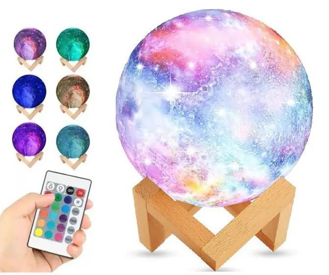 Imagem de Luminária Lua Cheia Planeta 3D Várias Cores LED com Suporte e Cabo