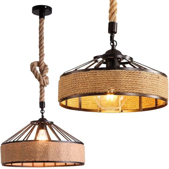 Imagem de Luminária Lustre Pendente 40cm Corda Natural Fibra Metal Rústico Teto Gimpo KJDD-E-615