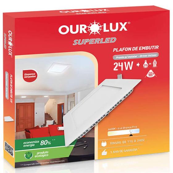 Imagem de Luminária Ourolux Plafon Led Embutir Quadrada Bivolt 24W Luz Branca 6400K