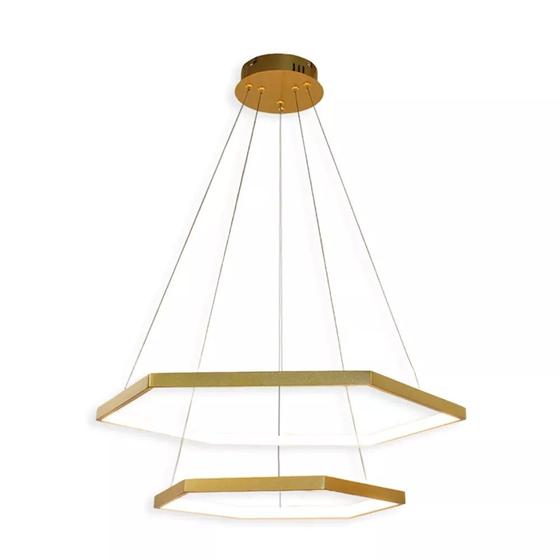 Imagem de Luminária pendente 2 anéis hexagonais dourado led - 3000k branco quente