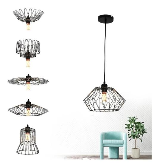 Luminaria Pendente Aramado Moderno Diamante Industrial 6em1 Preto lux