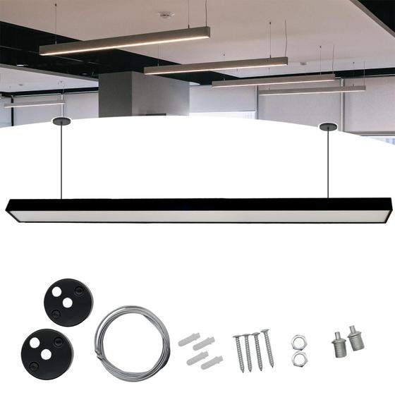 Luminária Pendente Escritório Retangular PE01 Preta 120cm Branco Frio Menor preço em Luminária Pendente Escritório Retangular PE01 Preta 120cm Branco Frio
