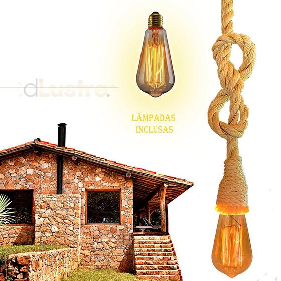 Luminária Pendente Lustre Teto Corda Rústico Bar + Lampada DLUSTRE