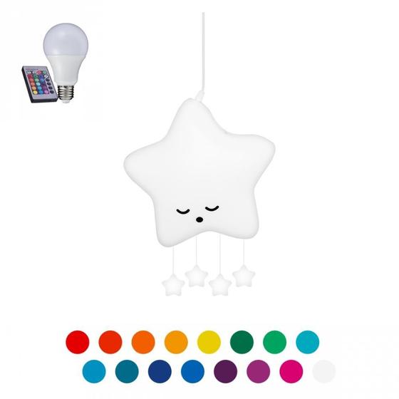 Luminária Pendente Teto Móbile Quarto Bebê Decorfun Estrela Branca com lâmpada LED RGB colorida