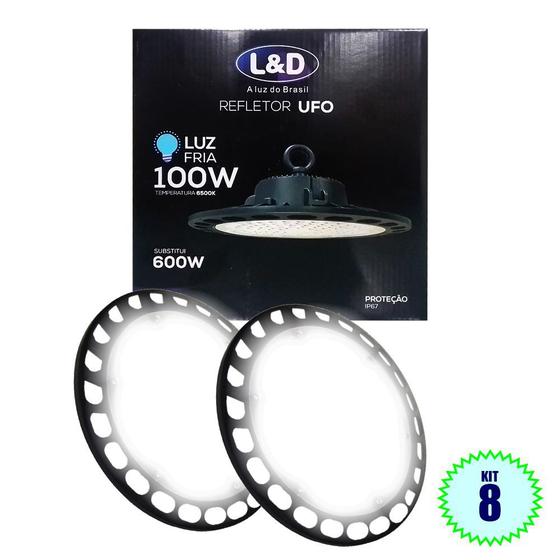 Imagem de Luminária Ufo Led 100w Highbay 120º Galpão Empresa Industria Segurança Kit 8 Uni L&D 1248