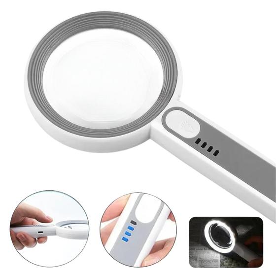 Imagem de Lupa Iluninada De Mão Bifocal ZOOM 12x Com Iluminação 16 LEDs Botão Touch e Recarregável 6516C